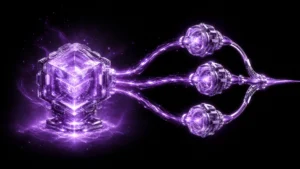 Glowing crystalline AI core branches into three connected specialized processing nodes