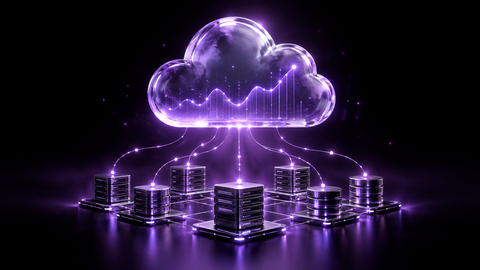 Glowing cloud monitoring graphic above connected server and database infrastructure