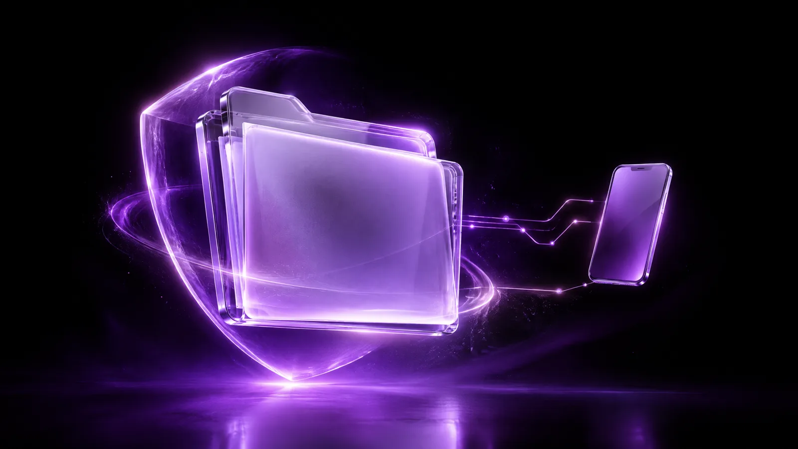 Translucent case folders inside a purple shield connected to a smartphone.