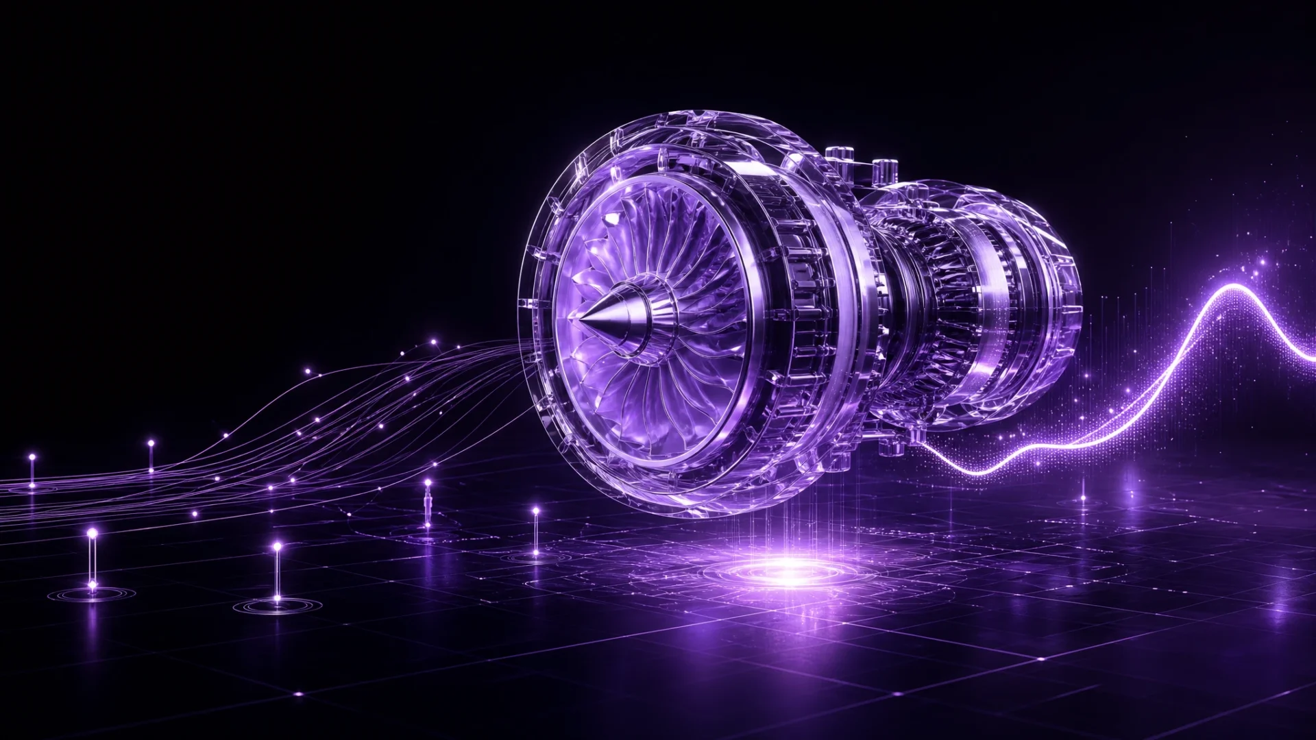 Purple translucent industrial turbine with glowing predictive data paths on a dark grid.