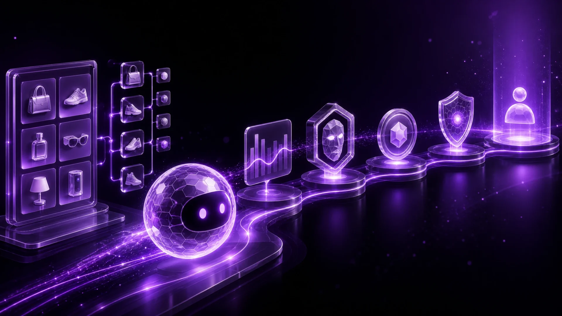 Purple AI shopping agent moving through catalogue, security, payment and human approval stages