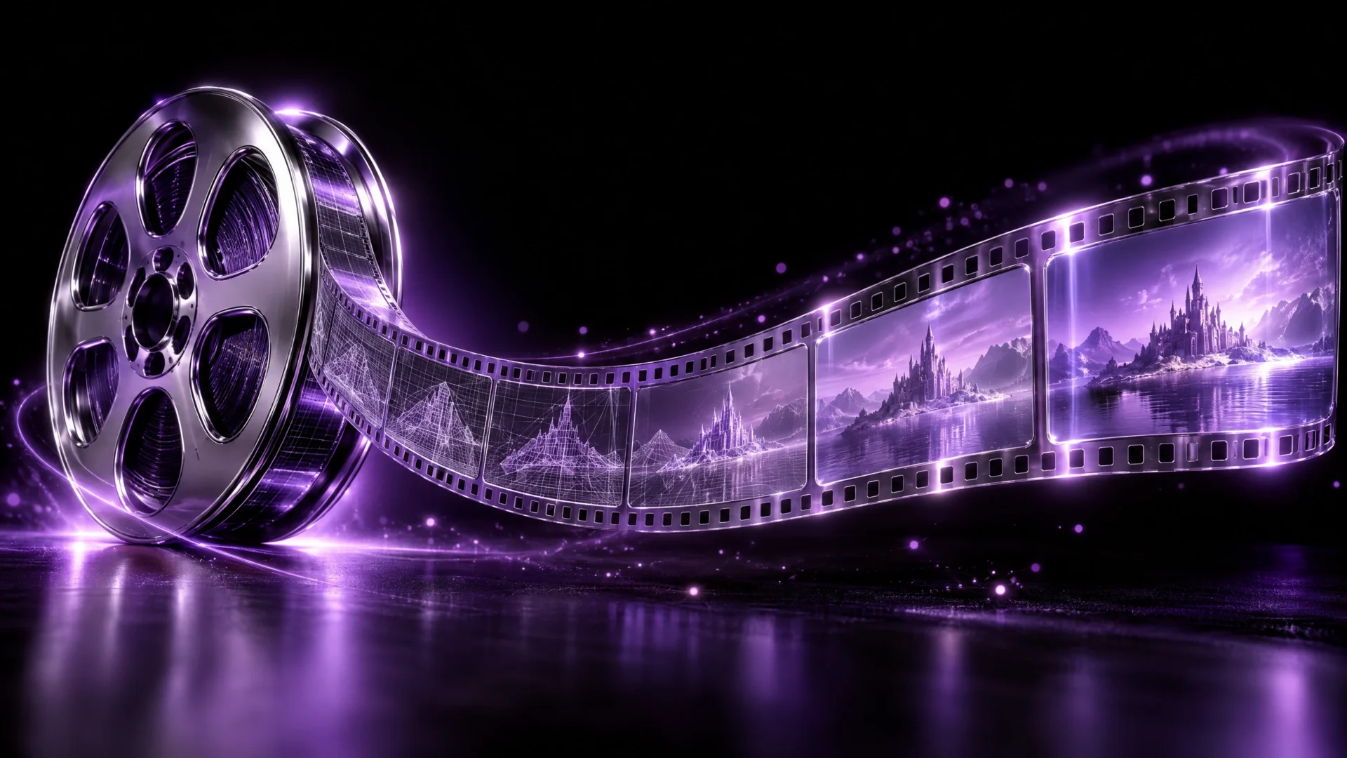 Chrome film reel unspooling a glass film strip as wireframe sketches become finished purple scenes