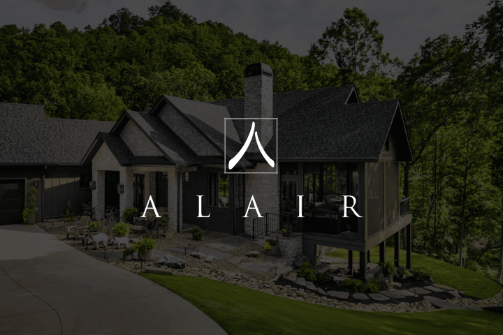Alairhomes logo overlayed over a modern home surrounded by trees.