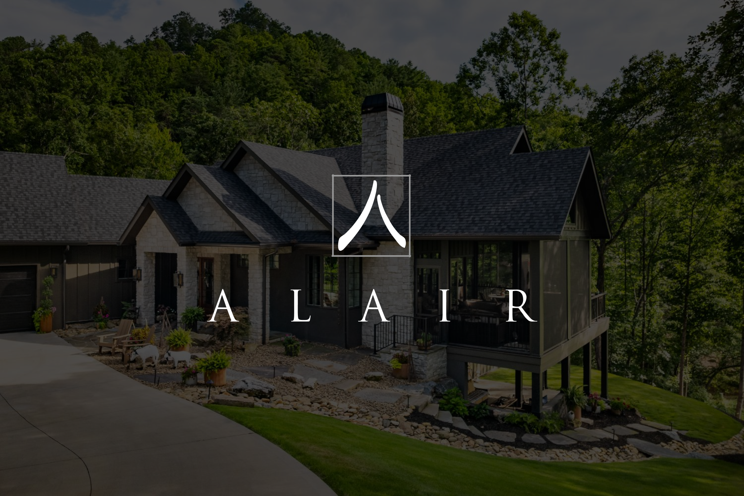 Alairhomes logo overlayed over a modern home surrounded by trees.