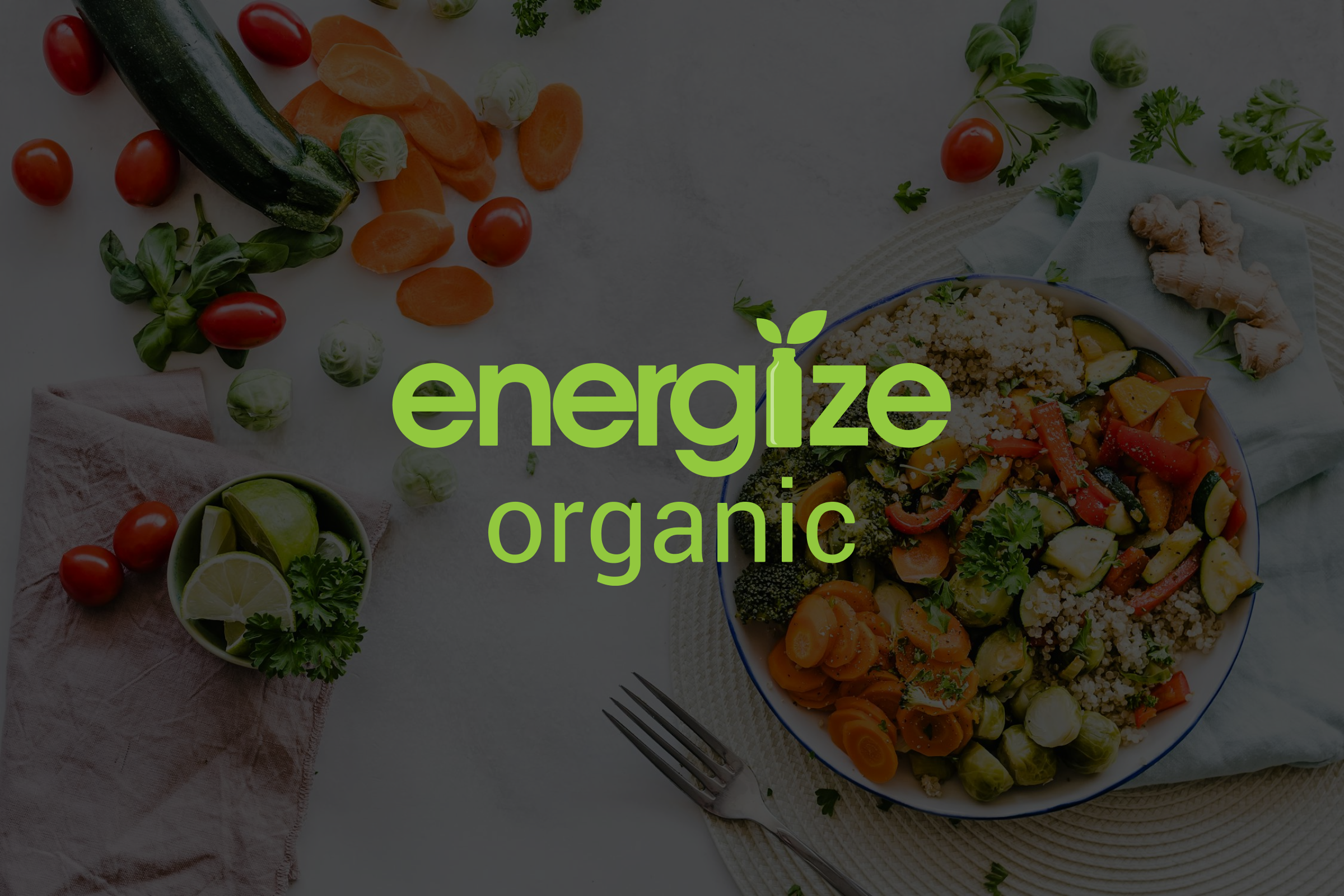 A salad plate with vegetables on a table with the brand logo overlaid.