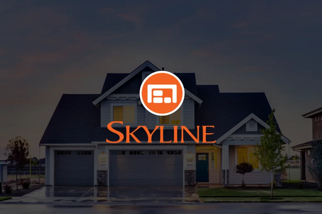 Skyline logo placed over the front of a modern built house.