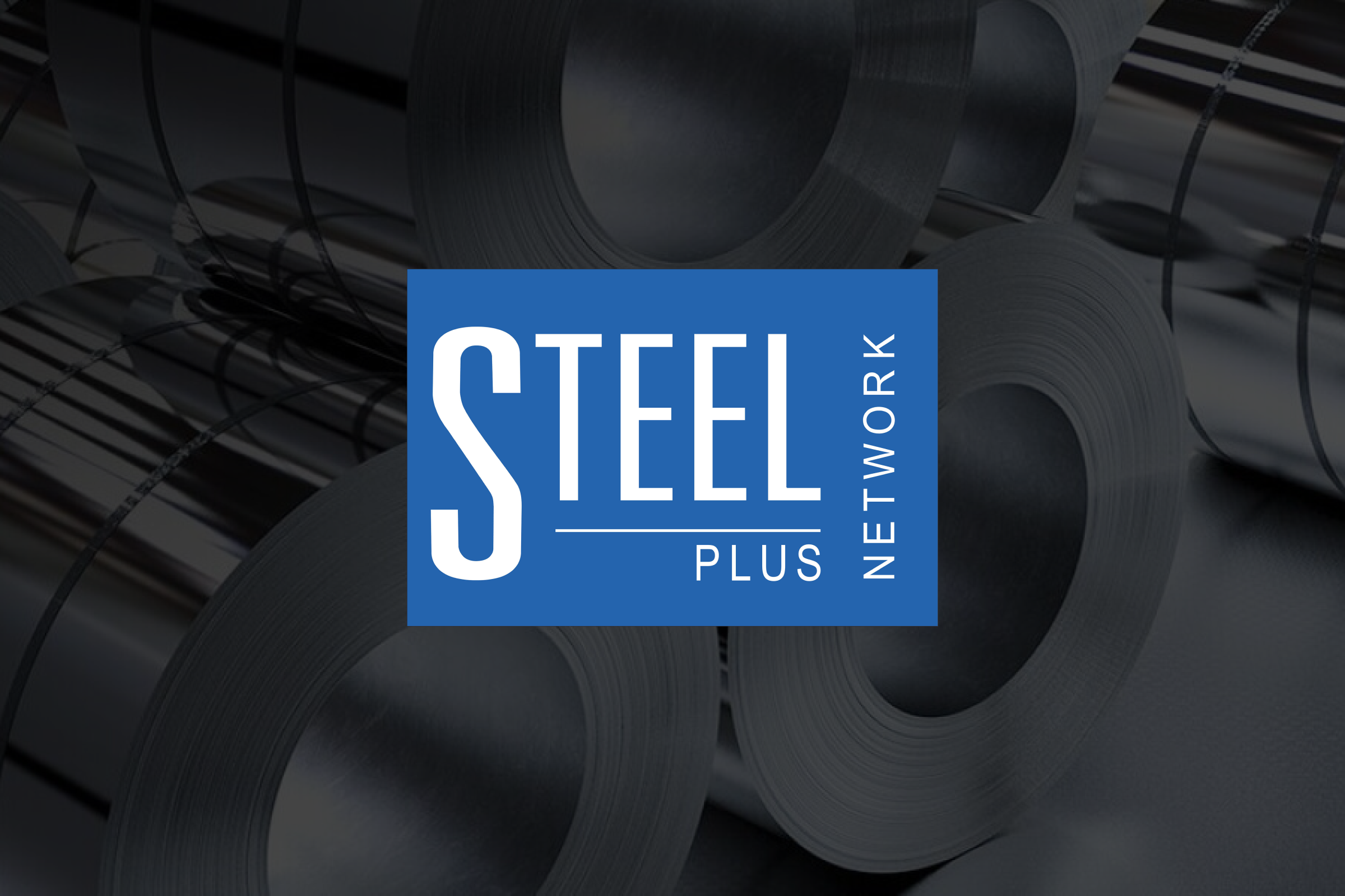 Steel Plus Network logo overlaid on coiled steel rolls, representing the steel industry and supply chain network.