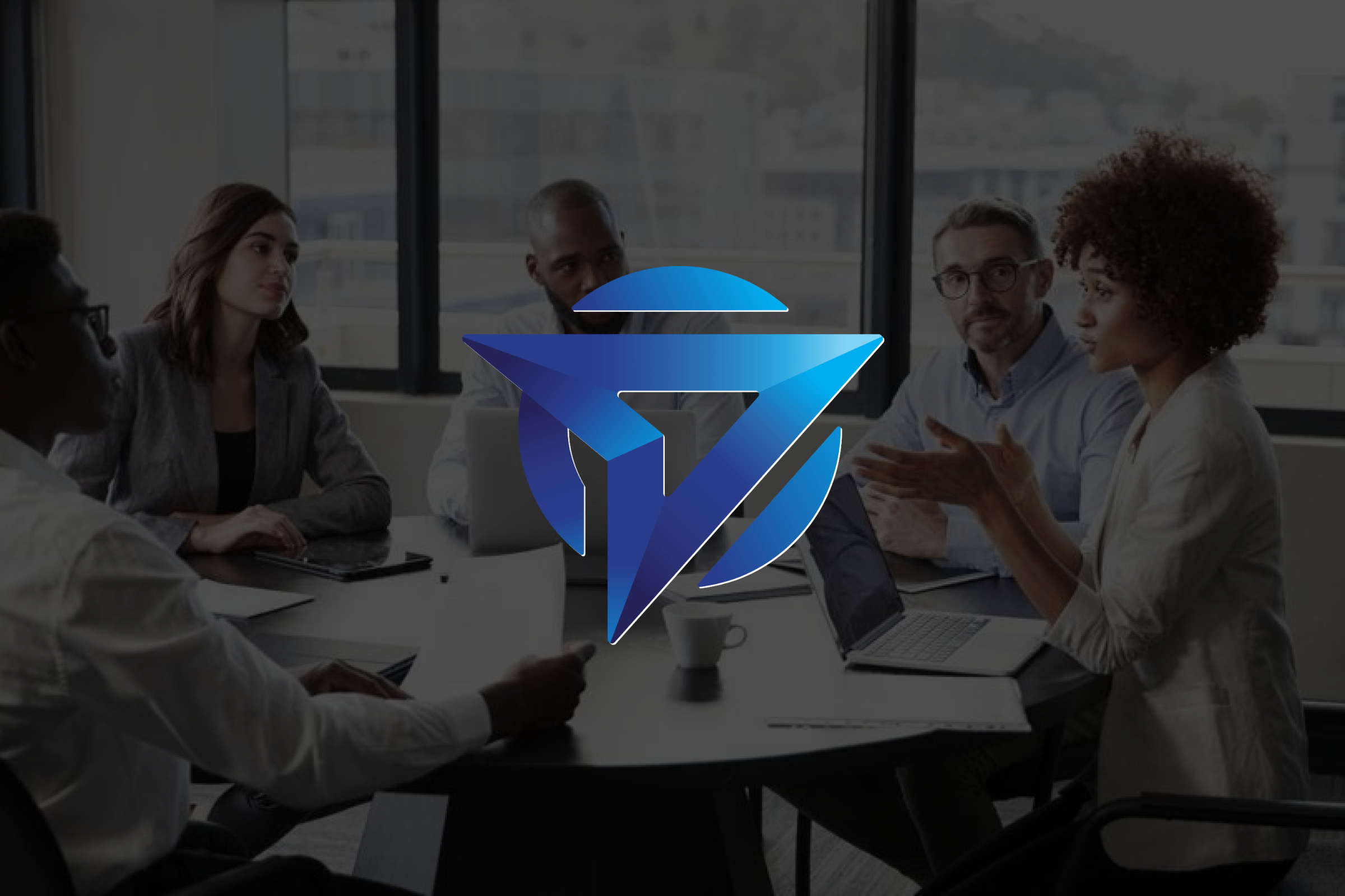 A group of people having a conversation in a meeting room overlayed with brand logo.