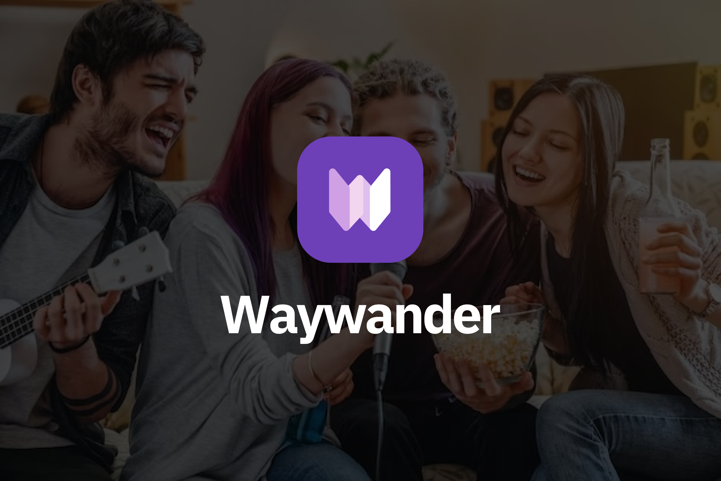 Group of people singing and laughing with brand logo overlaid.